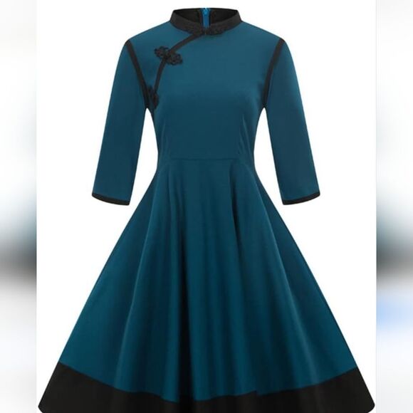 SUCREFAS Elegant Teal Retro Asian Inspired Circle Dress - Picture 1 of 11